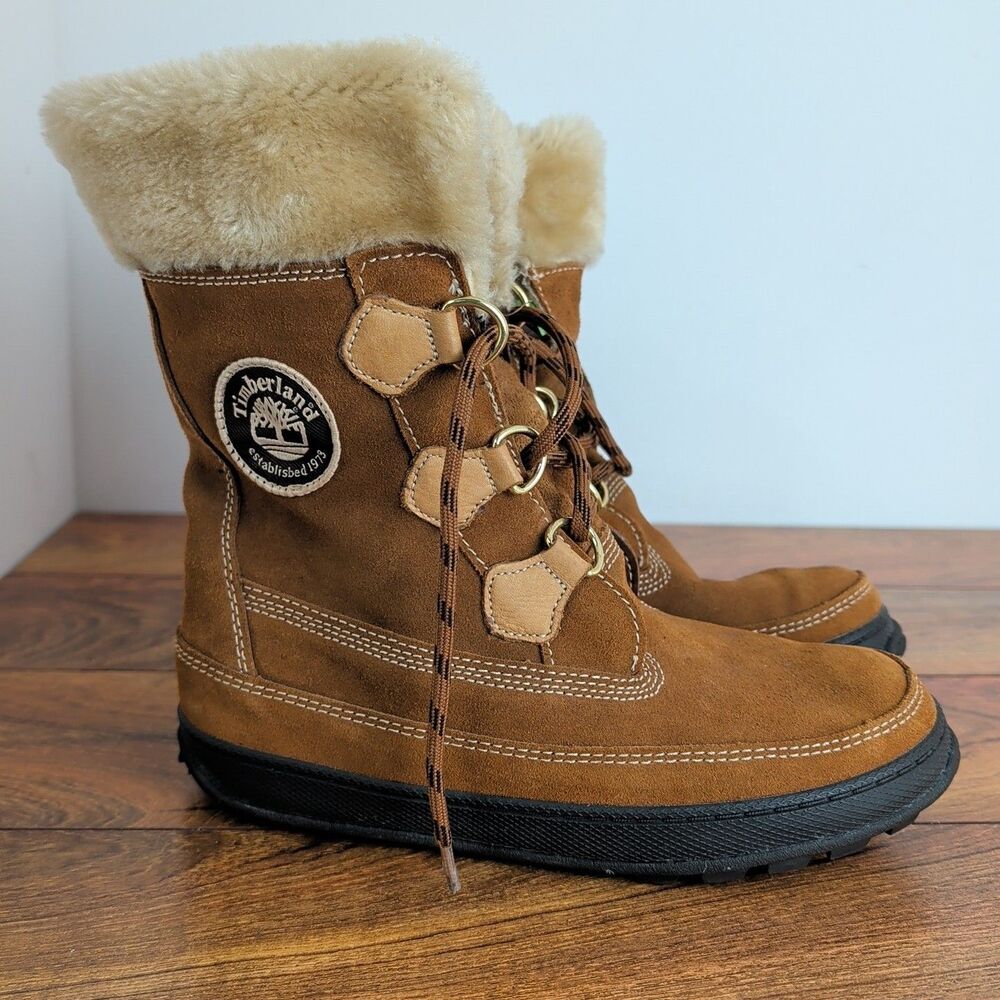 Timberland Suede Lace Up Brown Faux Fur Trim Boots Women's Size 9M - Picture 3 of 10